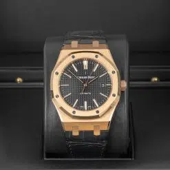 Alternative view of Audemars Piguet 15400OR.OO.D002CR.01 Royal Oak Selfwinding Black Dial 41mm Rose Gold Leather Strap Watch