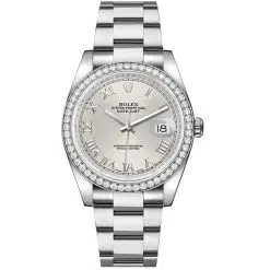 Rolex Datejust 116244-0028 Silver Roman Numeral 36mm Dial Diamond Set Bezel Oystersteel Oyster Bracelet Watch