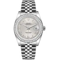 Rolex Datejust 116244-0055 Silver Roman Numeral 36mm Dial Diamond Set Bezel Oystersteel Jubilee Bracelet Watch