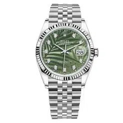 Rolex Datejust 126234-0055 Olive Green Palm Motif Diamond Dial 36mm Jubilee Stainless Steel Watch
