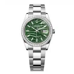 Rolex Datejust 126284RBR-0040 Olive Green Palm Motif Dial 36mm Diamond Set Bezel Oyster Bracelet Watch