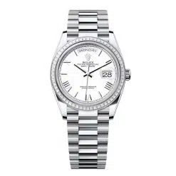 Rolex Day-Date 128396TBR-0018 White Roman Numeral 36mm Dial Diamond Set Bezel Platinum President Bracelet Watch