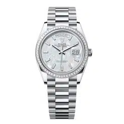 Rolex Day-Date 128396TBR-0022 White Mother-of-Pearl Set with Diamonds 36mm Dial Diamond Set Bezel Platinum President Bracelet Watch