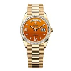 Rolex Day-Date 128398TBR-0018 Carnelian Set with Diamonds 36mm Dial Diamond Set Bezel Yellow Gold President Bracelet Watch