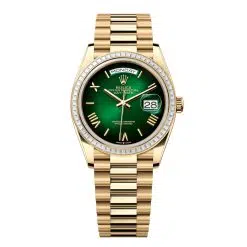 Rolex Day-Date 128398TBR-0028 Green Ombré Roman Numeral 36mm Dial Diamond Set Bezel Yellow Gold President Bracelet Watch