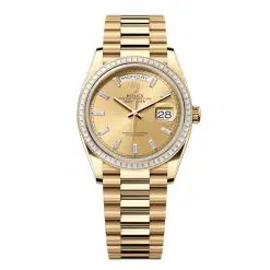 Rolex Day-Date 128398TBR-0037 Champagne Set with Diamonds 36mm Dial Diamond Set Bezel Yellow Gold President Bracelet Watch