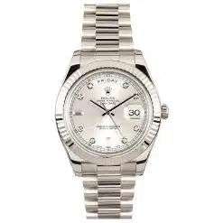 Rolex Day-Date II 218239 41mm Silver Diamond Fluted Bezel White Gold Watch