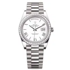 Rolex Day-Date 228349RBR-0039 White Roman Numeral 40mm Dial Diamond Set Bezel White Gold President Bracelet Watch