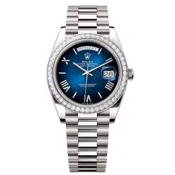 Rolex Day-Date 228349RBR-0045 Blue Ombré 40mm Dial Diamond Set Bezel White Gold President Bracelet Watch